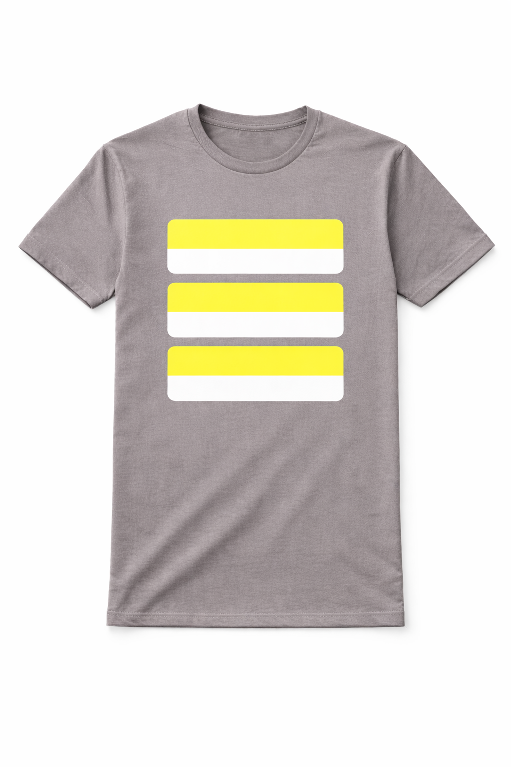 Gray t-shirt with a yellow and white striped graphic on a white background