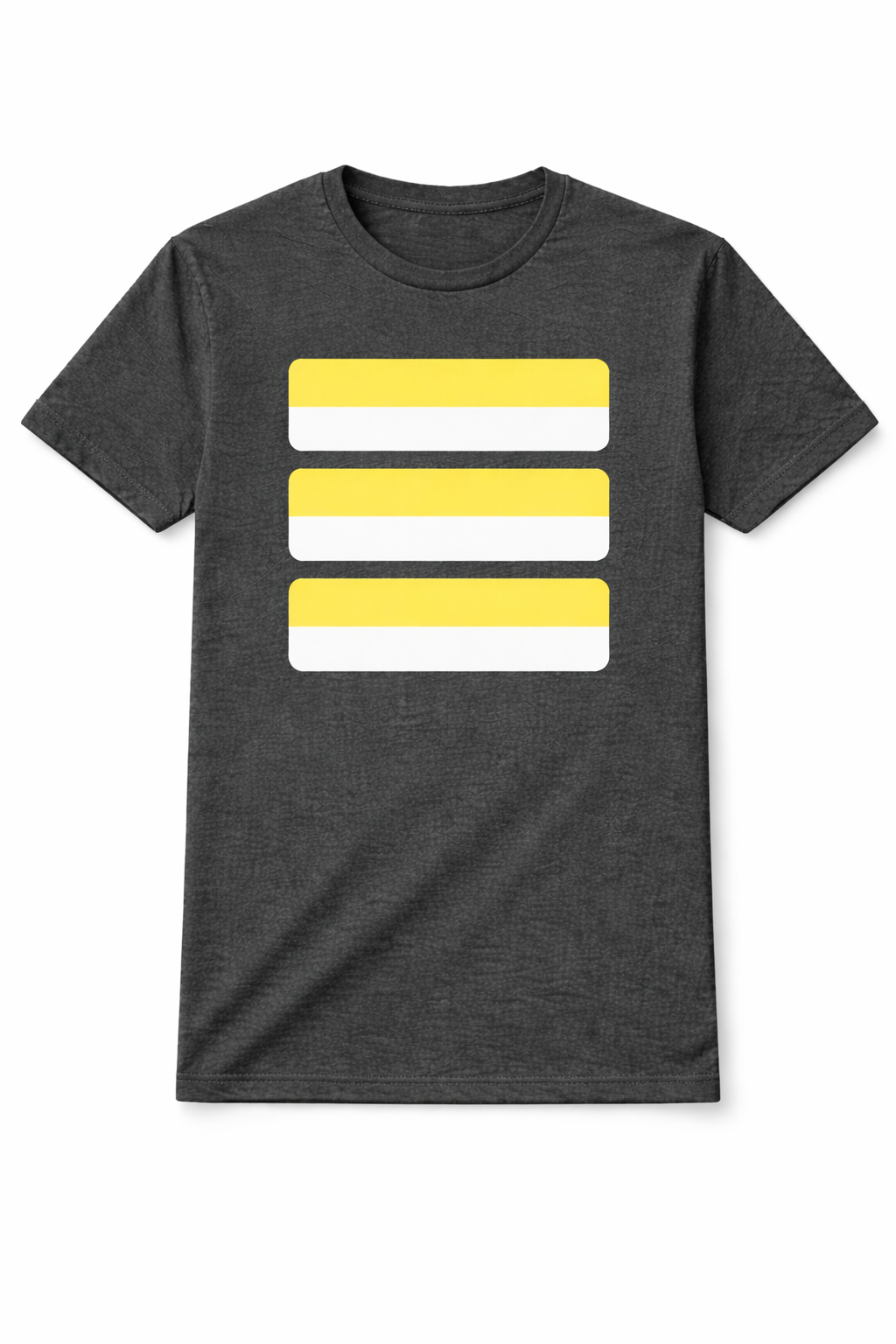 Dark gray t-shirt with yellow and white striped design on a white background